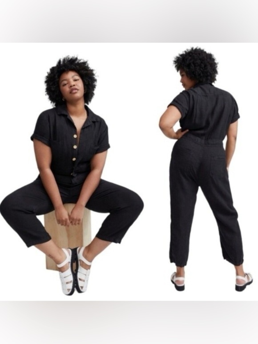 NWT Mate the Label 100% Linen Short Sleeve Jumpsuit Black Sz Medium